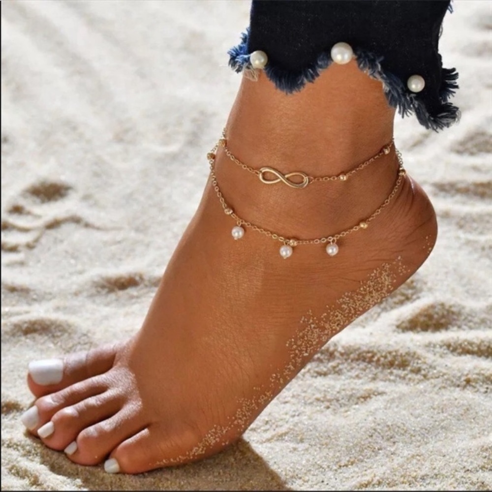 Ankle Bracelet Gold Pearl 2 Chains Infinity Pendant